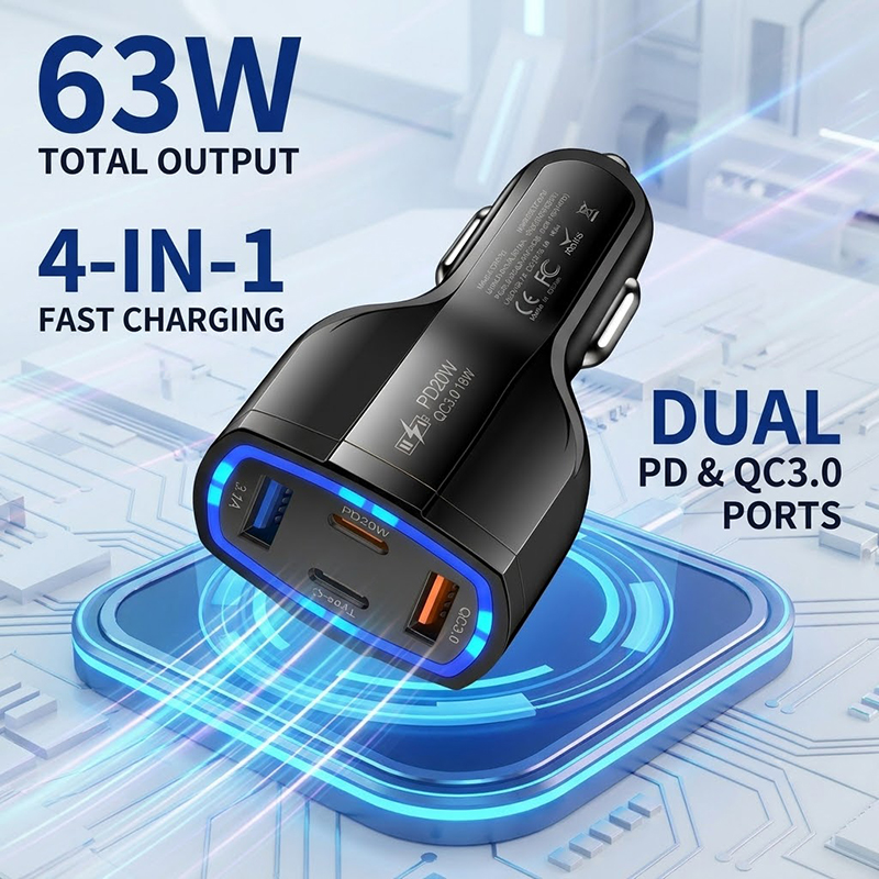 Type C Multiport Adapter - شاحن سيارة متعدد المنافذ بقوة 63